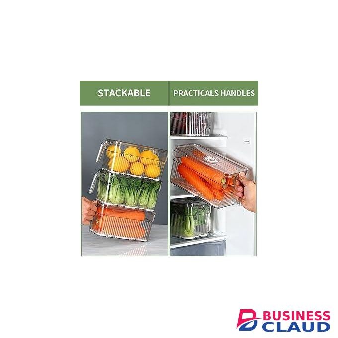 3 l Fridge Organizer with Freshness Timer Lid, Stackable Refrigerator Organizer Bins with Front Handle and Drain Tray, BPA-FREE Clear Plastic Food Storage Bins for Kitchen, Pantry, Cabinet