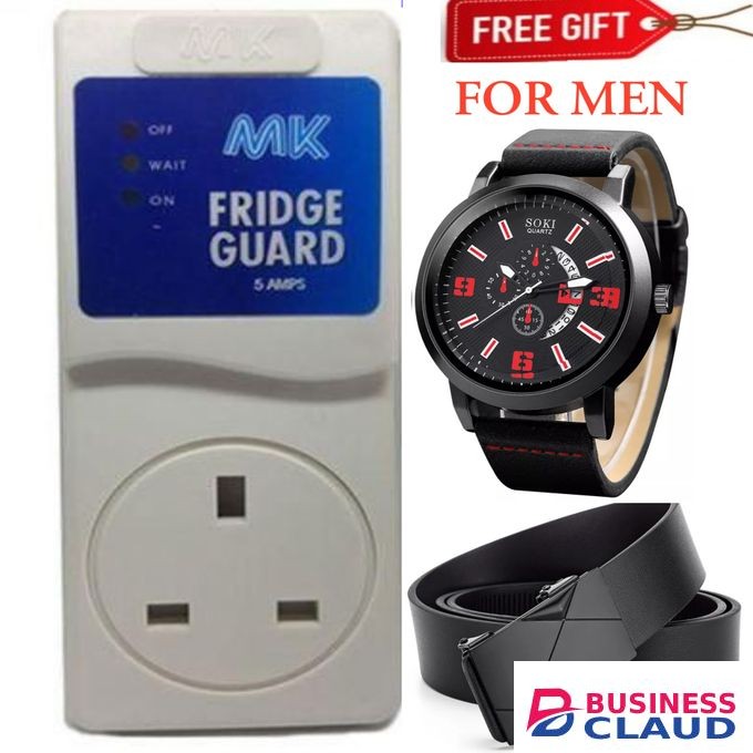 MK FRIDGE GUARD // FRIDGE GUARD FOR FRIDGE & DEEP FREEZER – PROTECTS COMPRESSOR FROM LOW And HIGH VOLTAGE & POWER SURGES + LUXURY BELT + LUXURY WATCH