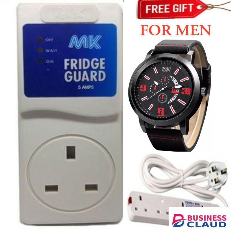 MK FRIDGE GUARD FOR FRIDGE & DEEP FREEZER – PROTECTS COMPRESSOR FROM LOW VOLTAGE & POWER SURGES + LUXURY WATCH + 4 Way POWER EXTENSION
