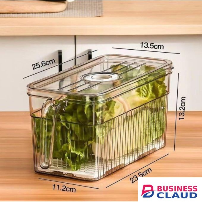 Refrigerator Vegetable & Fruit Storage Box with Lid - PET Food Grade Crisper Container with Drainage & Time-Keeping Function