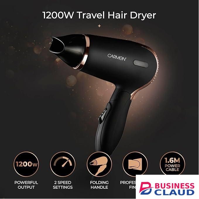 Carmen Noir Lightweight Travel Hair Dryer with Concentrator Nozzle and Foldable Handle