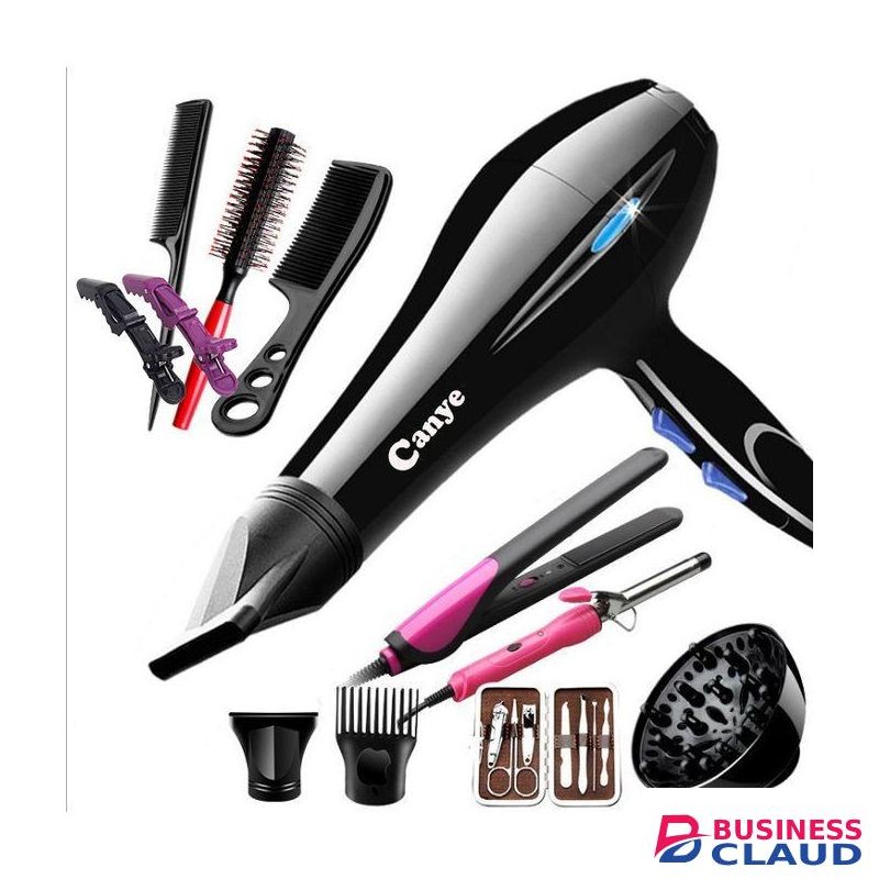 Canye 12 Pieces Commercial Blow Dry Hair Dryer - Black With Accessories, Combs & Flat Iron - Full Set.