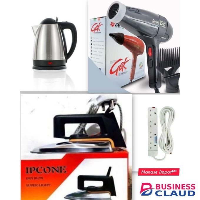Ceriotti Hair Blow Dryer + Complete Home Kit: Dry Iron, 4-Way Extension, 1.8L Electric Kettle - Styling, Ironing & Boiling Combo Set