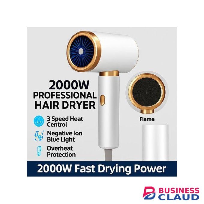 Professional Edition 2000W Hair Dryer – 3-Speed Heat Control, Blue Light Negative Ions, Overheat Protection, Flame-Retardant Build – Home & Salon Use