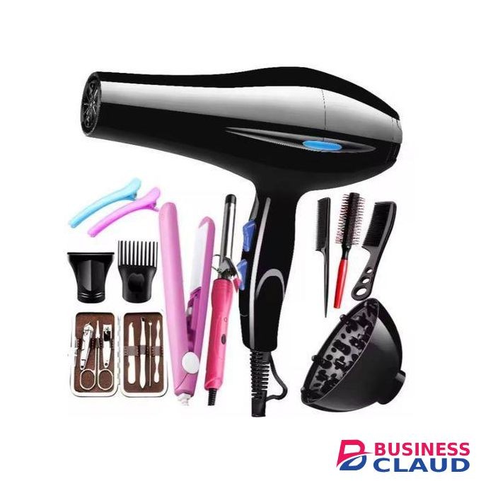 Canye Professional Hair Drier/ Straightener. With 12 Pieces Accessories - Blowdry, 2 Attachments, Diffuser, Flat Iron, Tongs, 3 Combs, Nail Tools, 2 Clips.