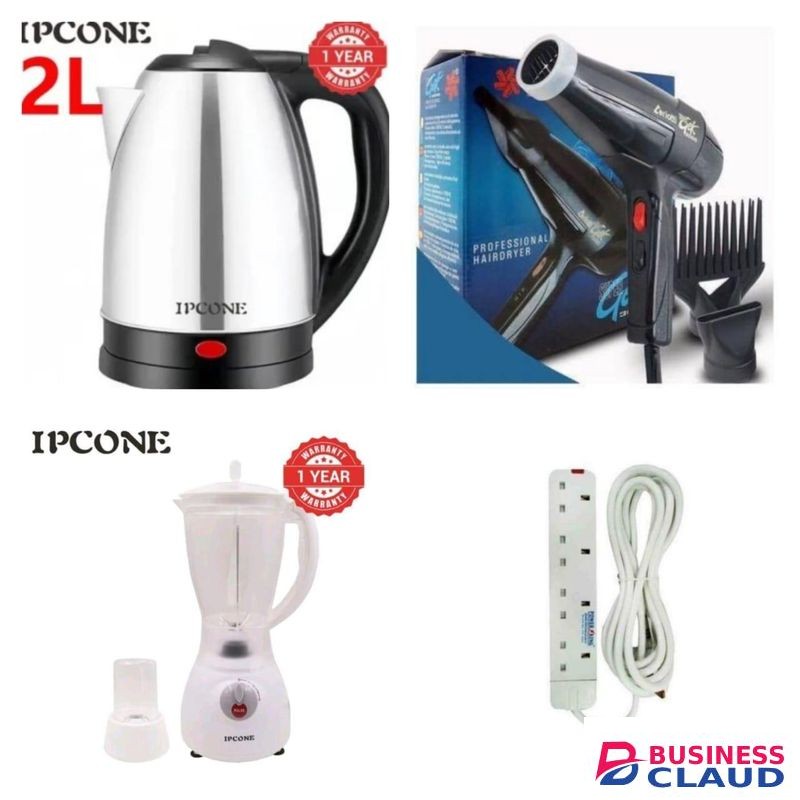 IPCONE 2L Electric Kettle + Ceriotti Hair Dryer + Blender + 4-Way Extension Socket – 4 in 1 Home Appliance Combo