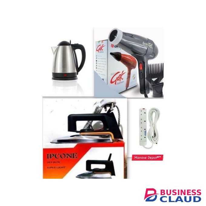 Gek Ceriotti Hair Blow Dryer + Complete Home Kit: Dry Iron, 4-Way Extension, 1.8L Electric Kettle - Styling, Ironing & Boiling Combo Set