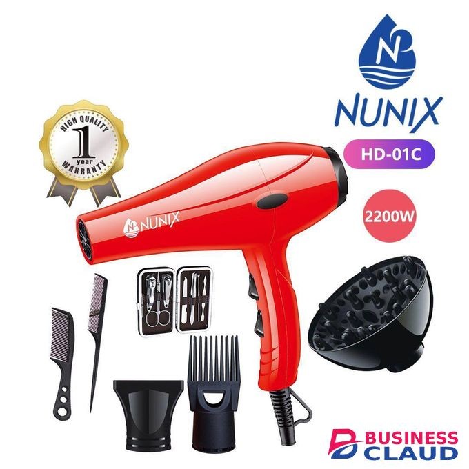 Nunix -HD-01C Professional Red Blow Dryer with Accessories – High Power Hair Styling Tool for Salon and Home Use