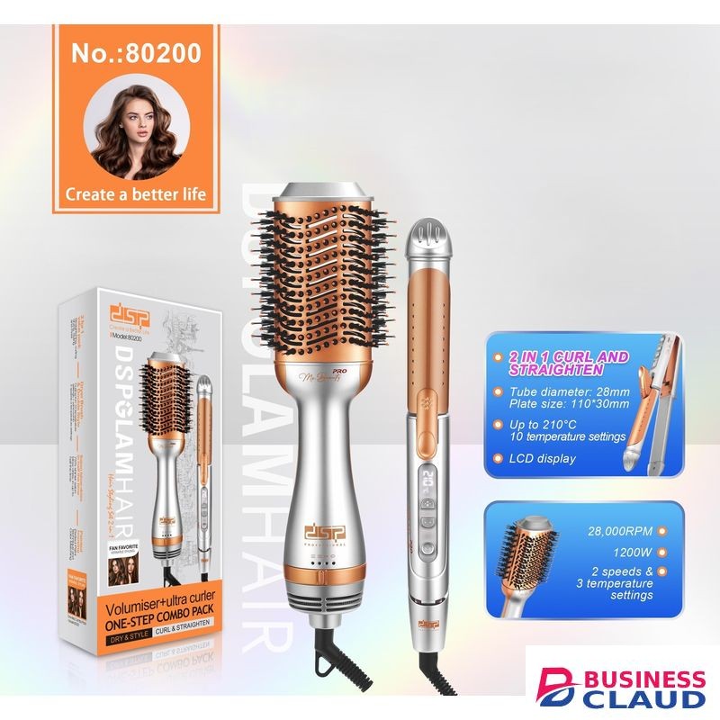 Dsp Professional 2-in-1 Hair Styling Set, 1200W Hair Dryer Brush & Curling Iron with 10 Temp Settings-Volumiser +ultra curler