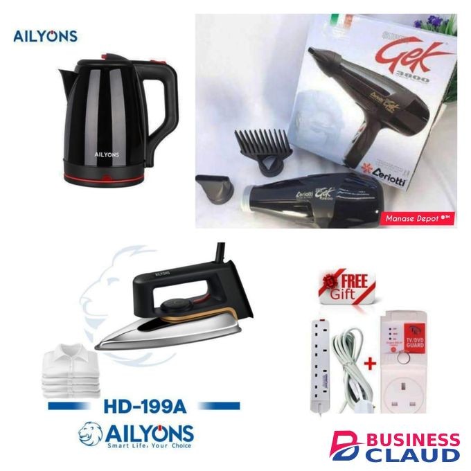 Ceriotti Professional Blow Dryer + Ailyons 2.2L Electric Kettle + Ipcone Iron Box + 4-Way Extension + T-Guard – 5 in 1 Combo Set