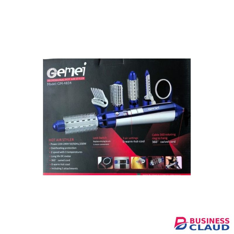 Gemei 6-in-1 Hot Air Styler Multifunctional Hair Tool With 5 Attachments & Overheating Protection
