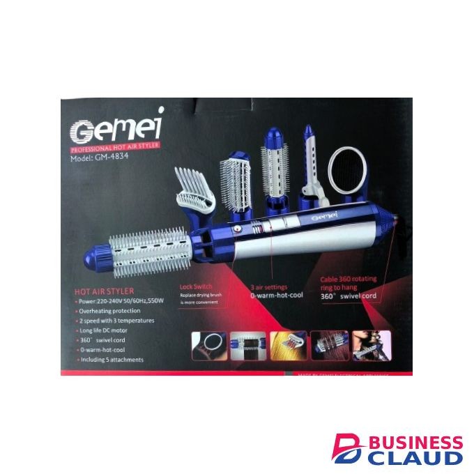 Gemei 6-in-1 Hot Air Styler Multifunctional Hair Tool With 5 Attachments & Overheating Protection