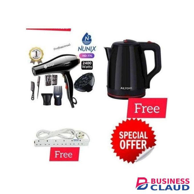 Nunix 2400W Pro Hair Blow Dry +AccessorieS+2.2LKETTLE+4 WAY EXT