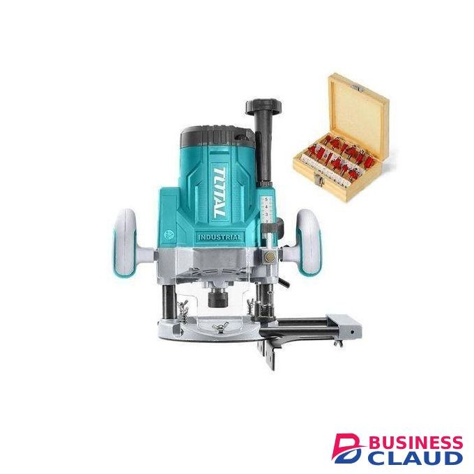 TOTAL 2200W Industrial Electric Wood Router + Free 12 Pieces Router Bits for Professional Woodworking, DIY, Plunging, Edge Forming, Slot Cutting, Laminate Trimming and Dovetail Cutting. 2200W.