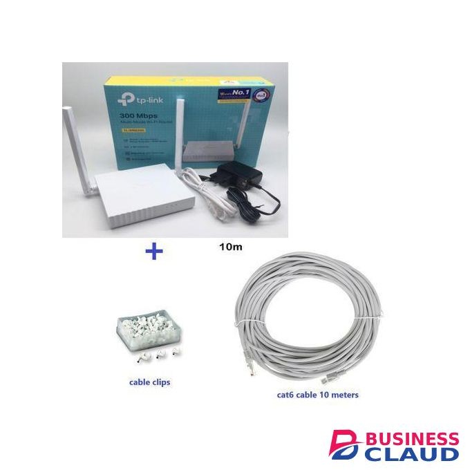 TP Link 300 Mbps Ethernet Single-Band Wi-Fi Router, cable and cable clips
