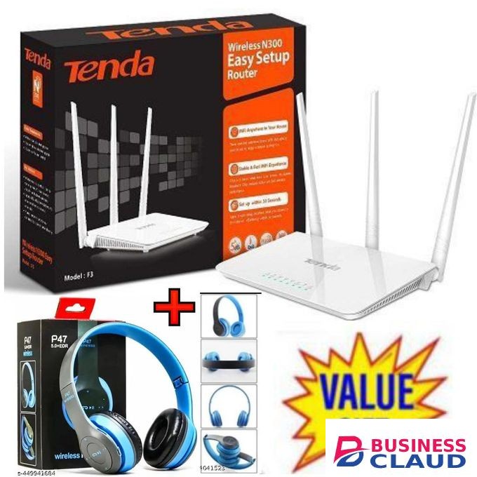 tenda F3 N300 300Mbps Wireless WiFi Router + P47 Wireless Headphones