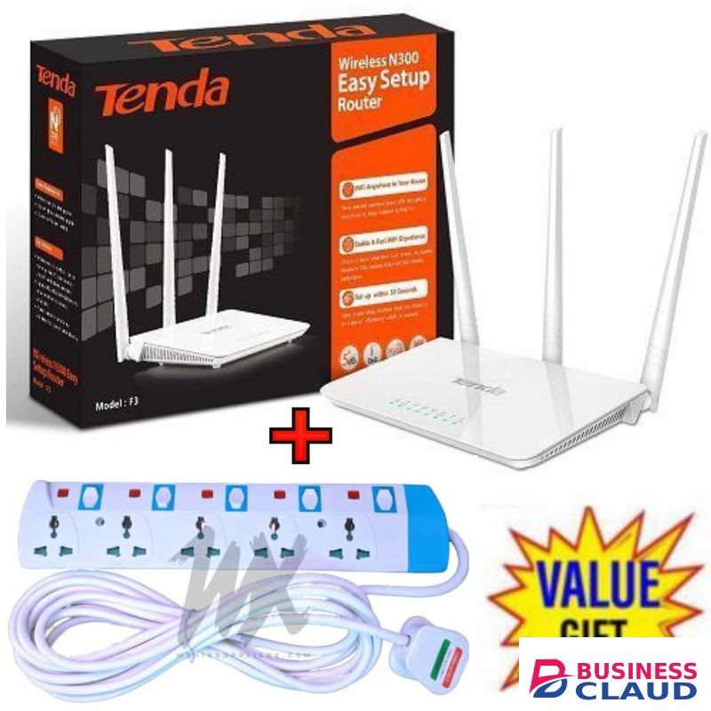 tenda F3 N300 300Mbps Wireless WiFi Router + 5 Way Power Extension