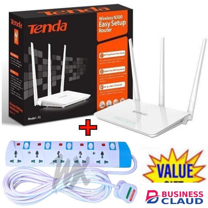 tenda F3 N300 300Mbps Wireless WiFi Router + 5 Way Power Extension