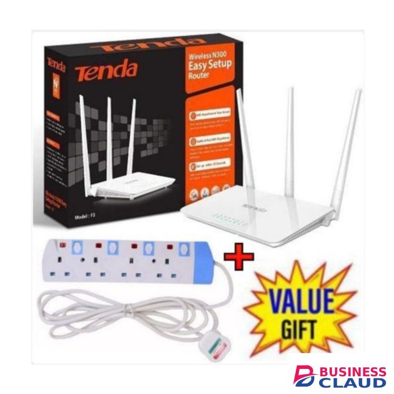 tenda F3 N300 300Mbps Wireless WiFi Router + 4 Way Power. Extension