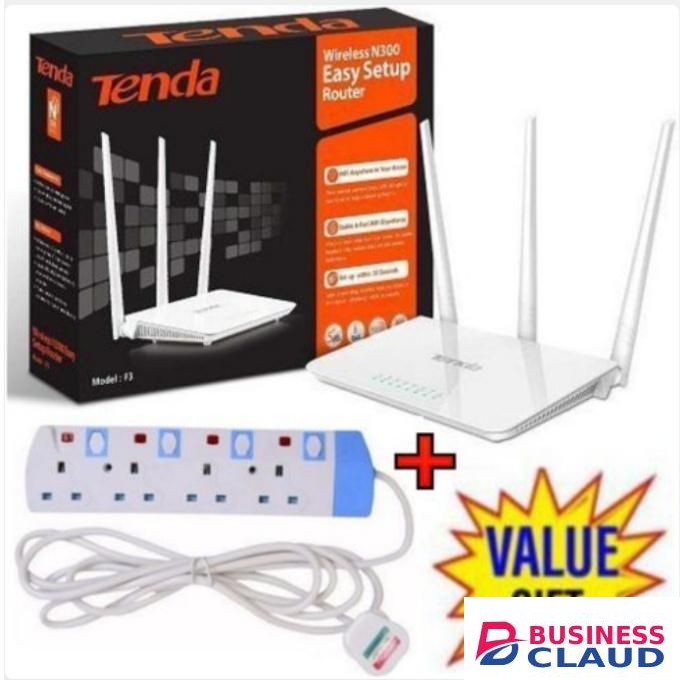 tenda F3 N300 300Mbps Wireless WiFi Router + 4 Way Power. Extension