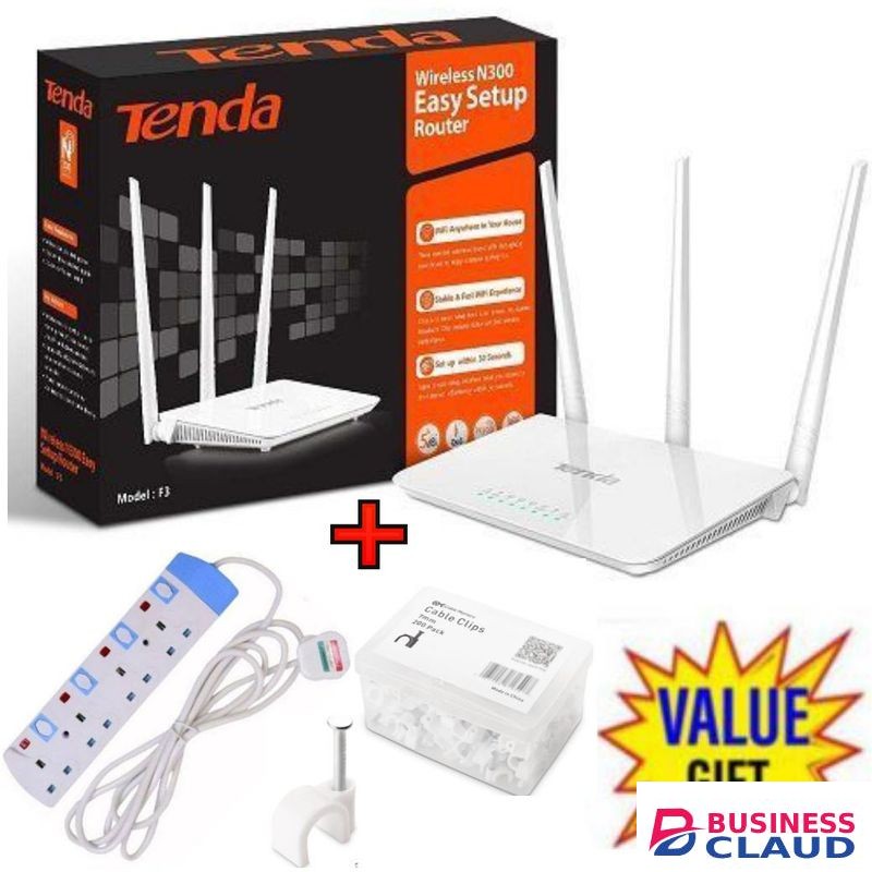 tenda F3 N300 300Mbps Wireless WiFi Router + 4 Way Power Extension + Cable Clips