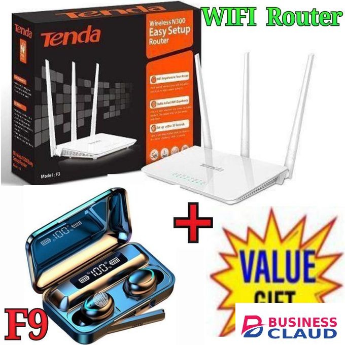 tenda F3 N300 300Mbps Wireless WiFi Router +Free F9 Bluetooth Wireless Earbuds