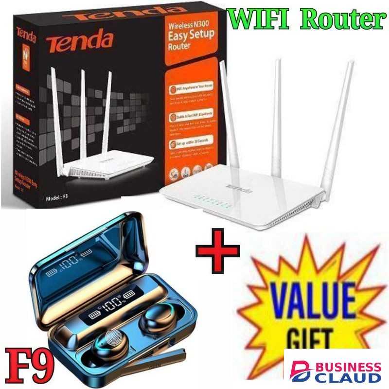 tenda F3 N300 300Mbps Wireless WiFi Router +Free F9 Bluetooth Wireless Earbuds