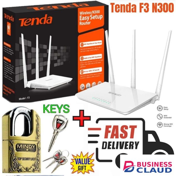 tenda F3 N300 300Mbps efficient Wireless WiFi Router + Free Mindy Padlock 60mm