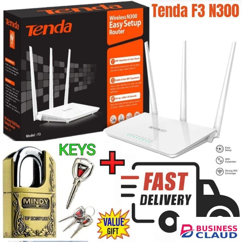 tenda F3 N300 300Mbps efficient Wireless WiFi Router + Free Mindy Padlock 60mm