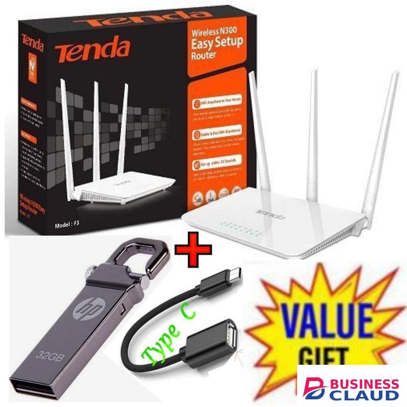 tenda F3 N300 300Mbps Wireless WiFi Router + 32GB Flash Disk +OTG Cable