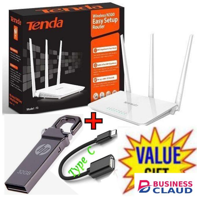 tenda F3 N300 300Mbps Wireless WiFi Router + 32GB Flash Disk +OTG Cable