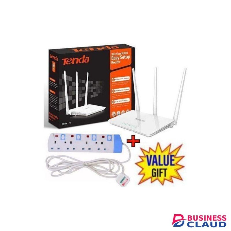 tenda F3 N300 300Mbps WiFi Router + 4-Way Power Extension - Fast & Reliable