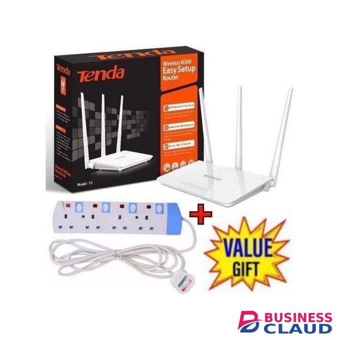 tenda F3 N300 300Mbps WiFi Router + 4-Way Power Extension - Fast & Reliable