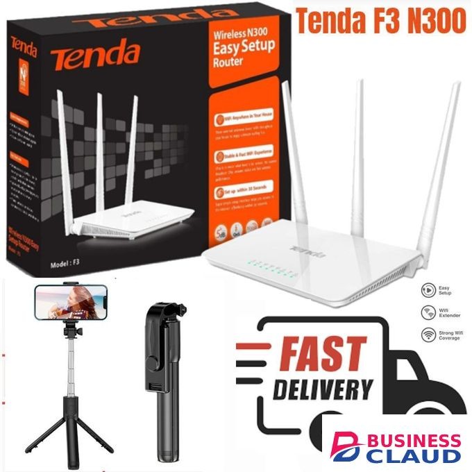tenda F3 N300 300Mbps efficient Wireless WiFi Router + Free Tripod Stand Selfie Stick