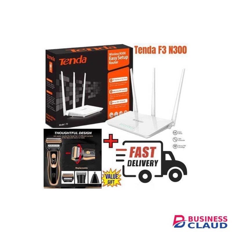 tenda F3 N300 300Mbps efficient Wireless WiFi Router + Free 3 in1 Rechargeable Hair Shaver
