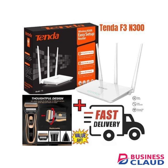 tenda F3 N300 300Mbps efficient Wireless WiFi Router + Free 3 in1 Rechargeable Hair Shaver