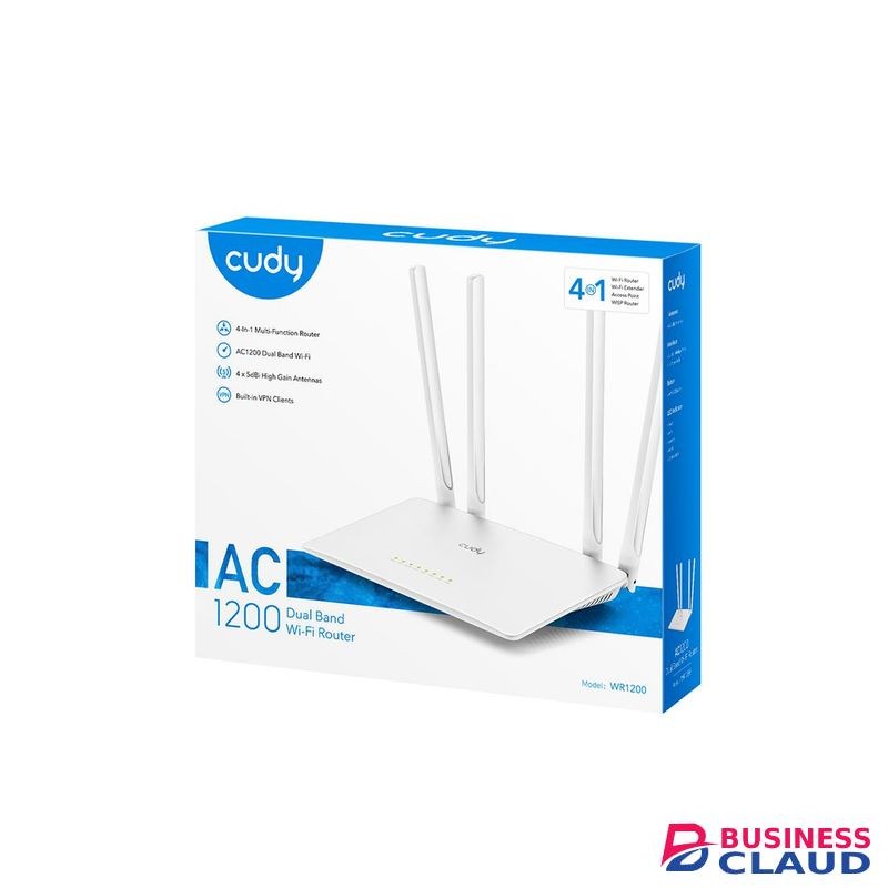 cudy WR1200 AC1200 Dual Band Wi-Fi Router 4-Stream 867 Mbps + 300 Mbps Wi-Fi 5× Fast Ethernet Ports 4× High-Gain Antennas Covers 100m²