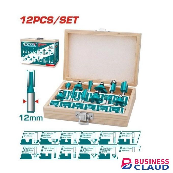 TOTAL 12mm Shank Router Bits Set -12 Pcs (straight bits,round over bits, flush trim bits,cove box bit, cove bit,45°chamfer bit, 90°V-groove bit, dovetail bit, R-4 roman ogee bit)- TACSR2121