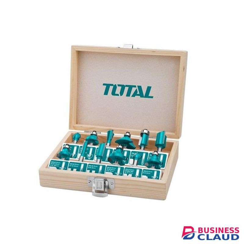 TOTAL 12mm Shank Router Bits Set -12 Pcs (straight bits,round over bits, flush trim bits,cove box bit, cove bit,45°chamfer bit, 90°V-groove bit, dovetail bit, R-4 roman ogee bit)- TACSR2121