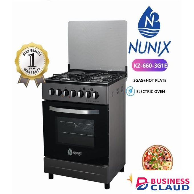 Nunix 60 * 60cm Cooker - 3 Gas Burners, 1 Electric Hotplate + Electric Oven Oven (1YR WRTY)