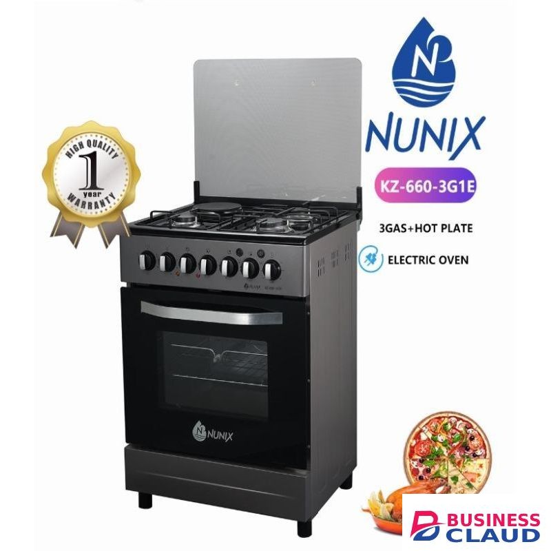 Nunix 60 * 60cm Cooker - 3 Gas Burners, 1 Electric Hotplate + Electric Oven Oven (1YR WRTY)