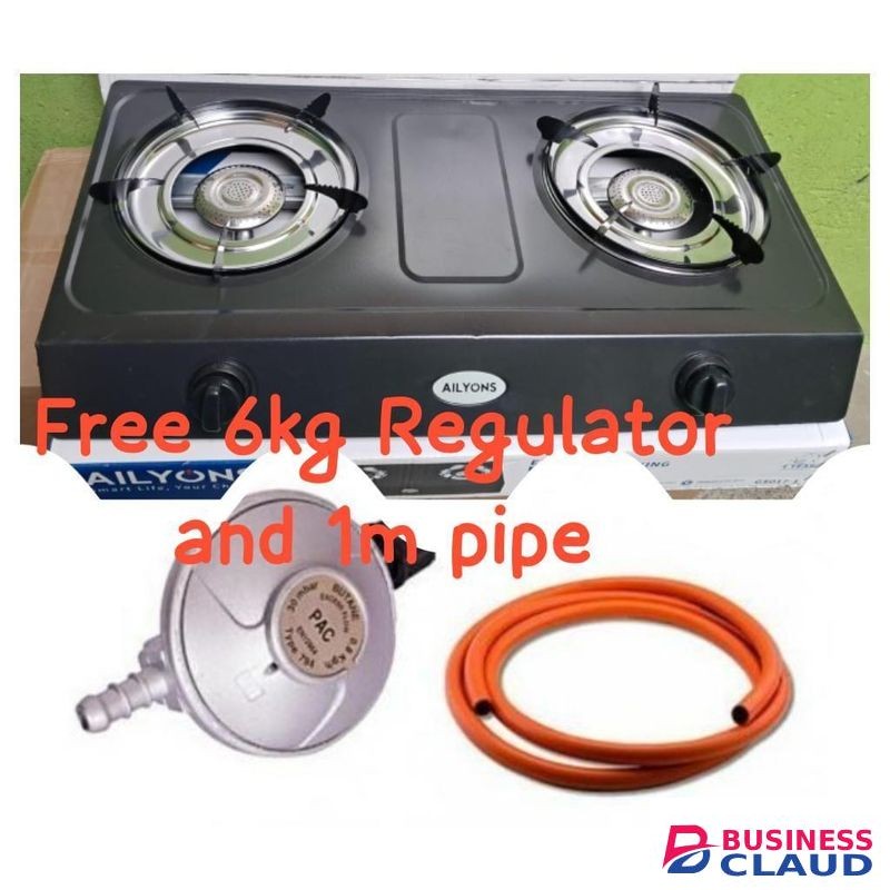 AILYONS Table Top Stainless Steel 2 Burner Gas Cooker Plus 6kg Regulator And Pipe -lyns bl