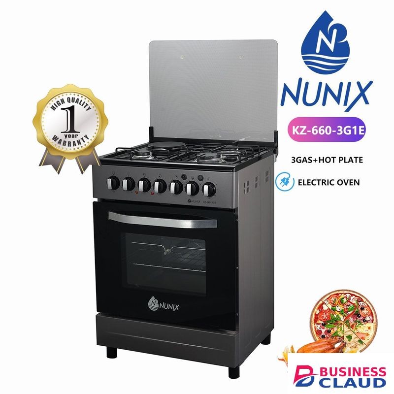Nunix 60CM×60CM 3GAS JET POOL BURNERS+1ELECTRIC HOTPLATE Free Standing Cooker,Electric oven(1YR WRTY)