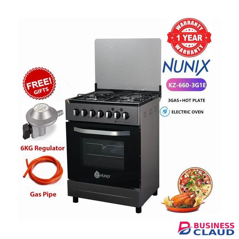 Nunix Free Standing 60 X 60, 3 Gas Jet Pool Burners + 1 Rapid Plate, Cooker With Electric Oven+Regulator+Gas Pipe