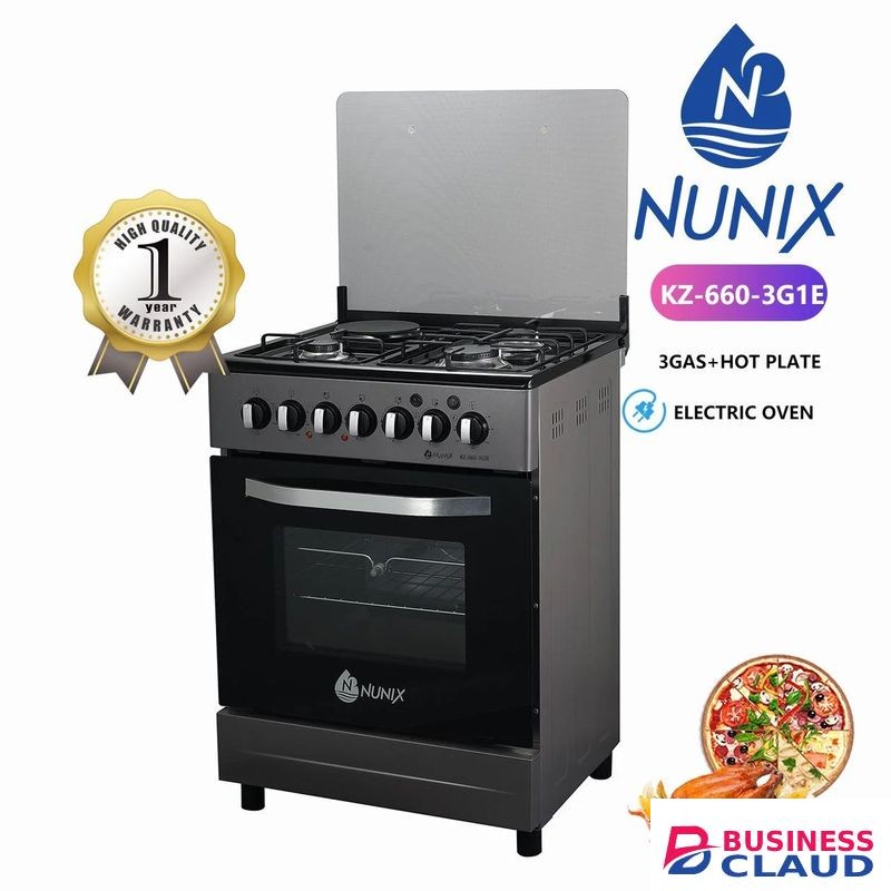 Nunix KZ-660-3G1E,60 X 60 3 Gas + 1Electric Hotplate Standing Cooker with Electric Oven -SILVER