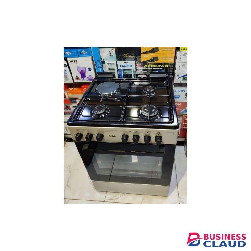 VON Standing Cooker - 60*55, 3 Gas Jet Burners + 1 RAPID Hot Plate,Auto-Ignition, Rotisserie, Electric Oven