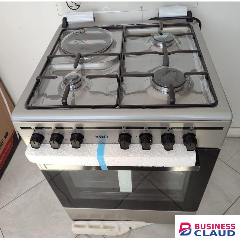 VON COOKER - 60 x 55, 3 Gas+1 Rapid Plate, Electric Oven, Auto ignition, Rotisserie, Grey