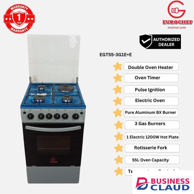 Eurochef Standing cooker/ EG55-3G1E+E OVEN Free Stand Glass Top Cooker,rotisserie Silver, 60L