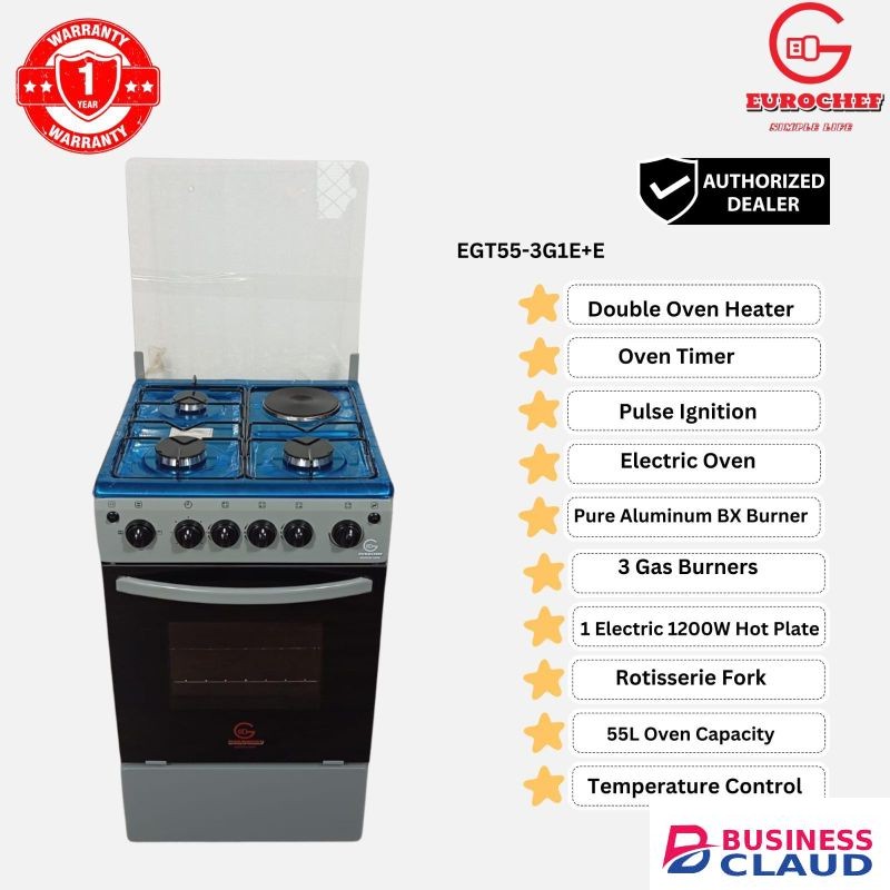Eurochef Standing cooker/ EG55-3G1E+E OVEN Free Stand Glass Top Cooker,rotisserie Silver, 60L