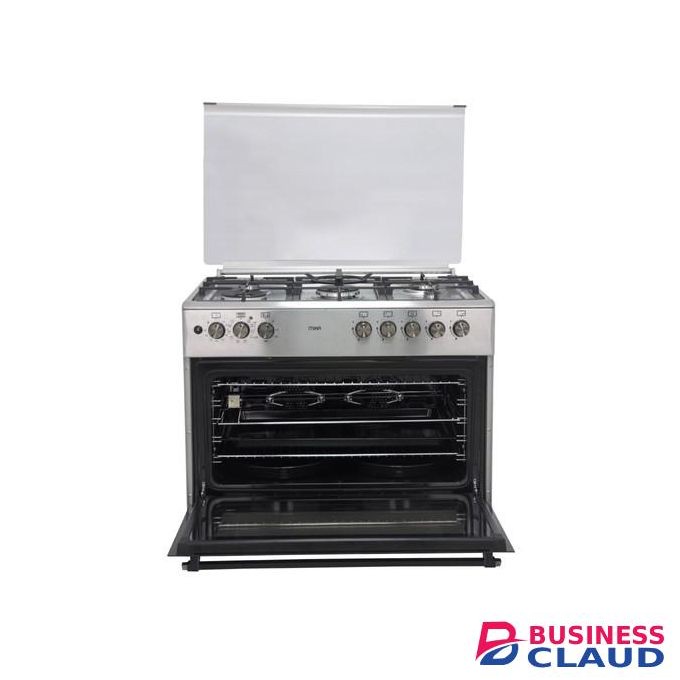 Mika Standing Cooker, 90cm x 60cm, 5 Gas Pool Jet Burners (2 Wok), FLAME FAILURE SAFETY, Auto Ignition, 10 Function Full 90cm Electric Oven (Air Fry+Convection Fan), Rotisserie, Half Inox